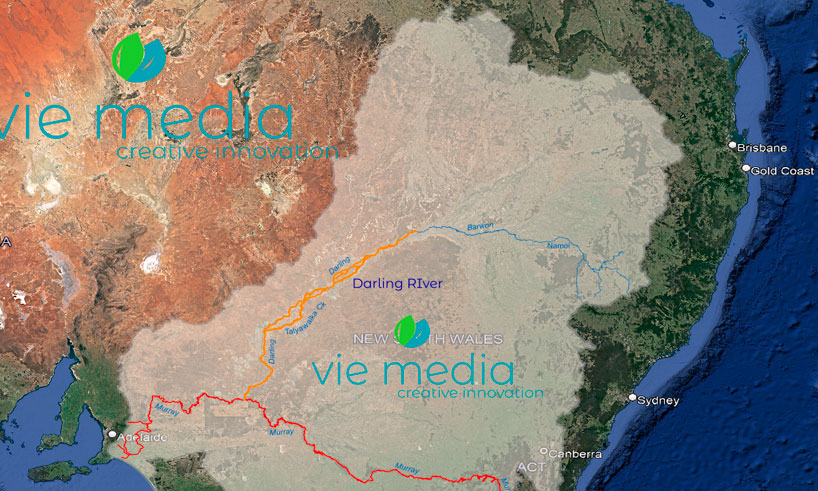 A graphic of a map showing the Namoi Rivers as part of the Darling River Basin, Australia